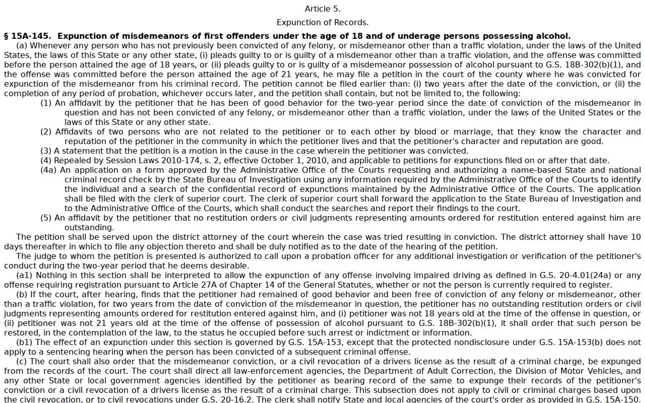 North Carolina expunction rules for Chapel Hill and Durham County criminal records