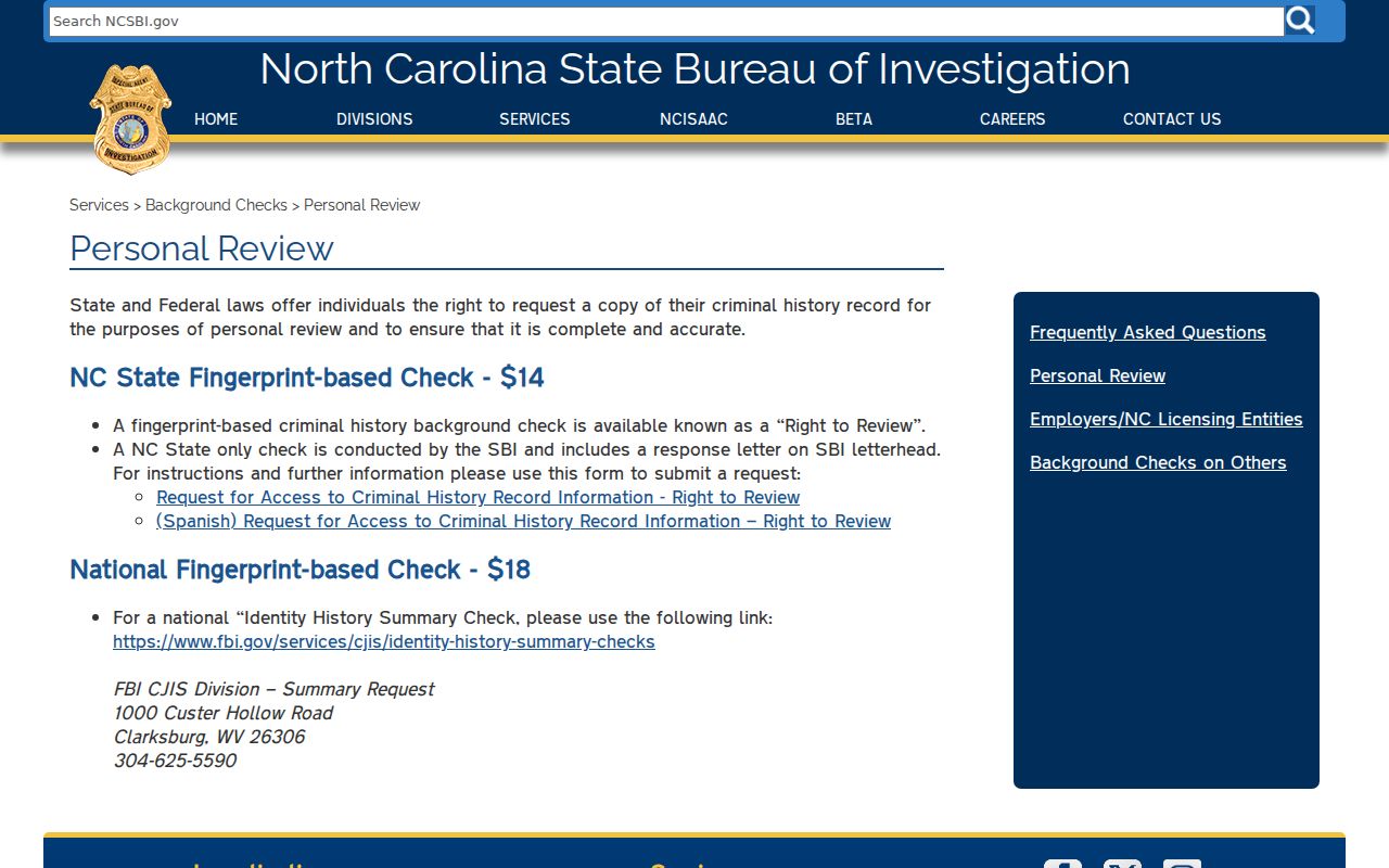 SBI personal record review for a Durham County arrest history self-check