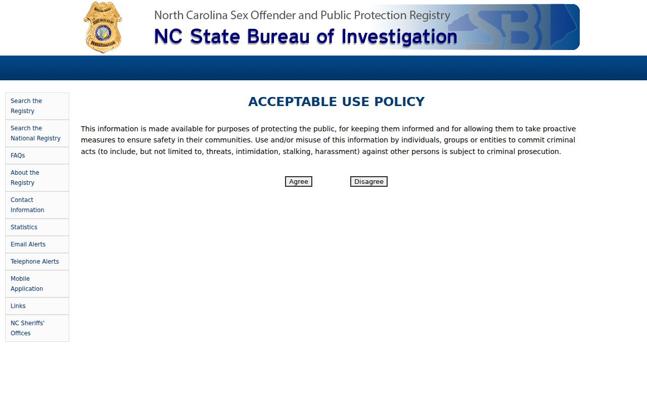 Durham County sex offender registry landing page from the North Carolina SBI